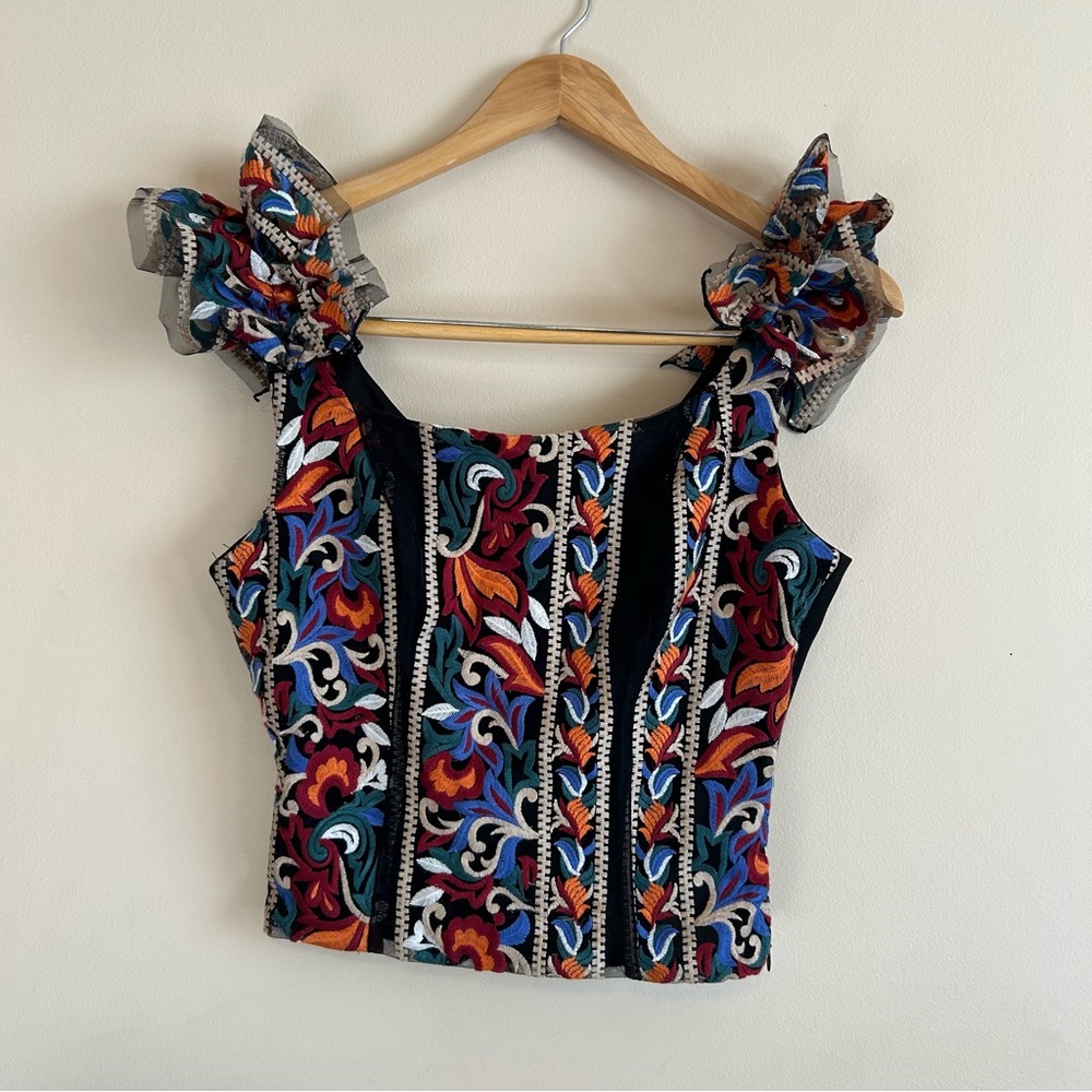 Anthropologie Eva Franco Florence Embroidered Corset Top Black Floral Sz XS - Picture 3 of 9
